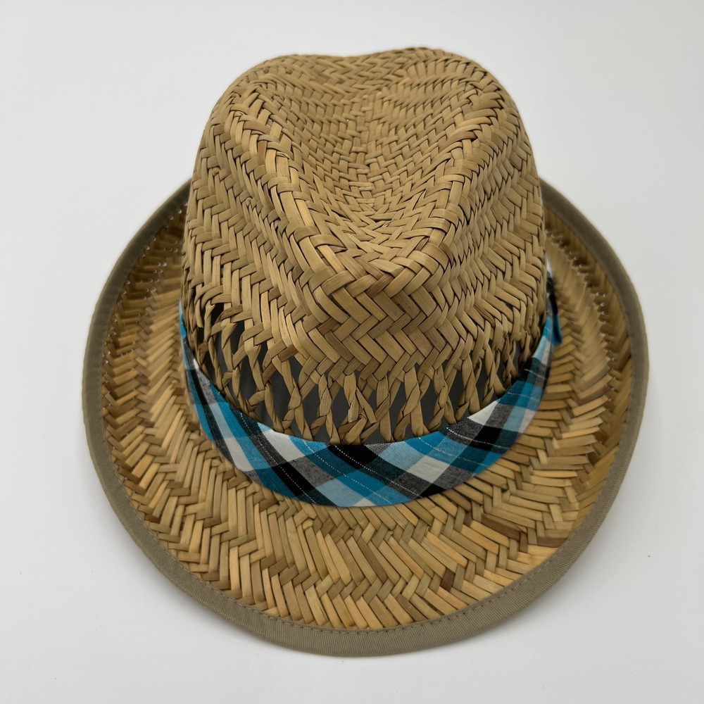 HYP Straw Fedora Hat Tan Woven Short Brim with Blue Plaid Band‎ NWT